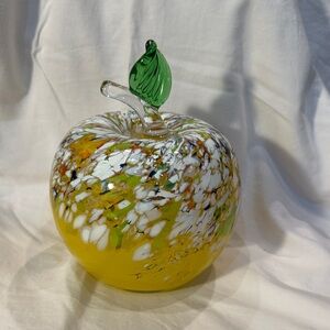 Vibrant Yellow Glass Apple with Green Leaf Accent